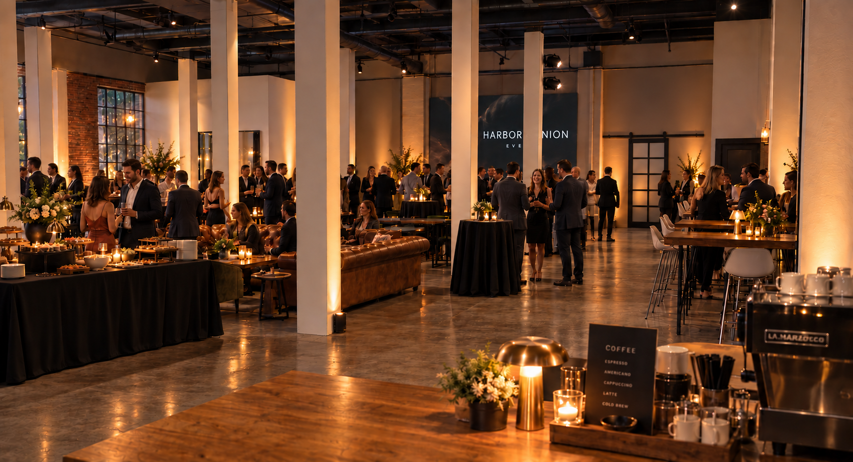 Rendering of an evening reception at Harbor + Union, with guests gathering among warmly lit tables and lounge seating.